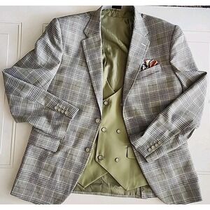 Falcone Suit Jacket 40R 2-button Brown/Tan‎ Windowpane Notch Lapel Blazer + Vest